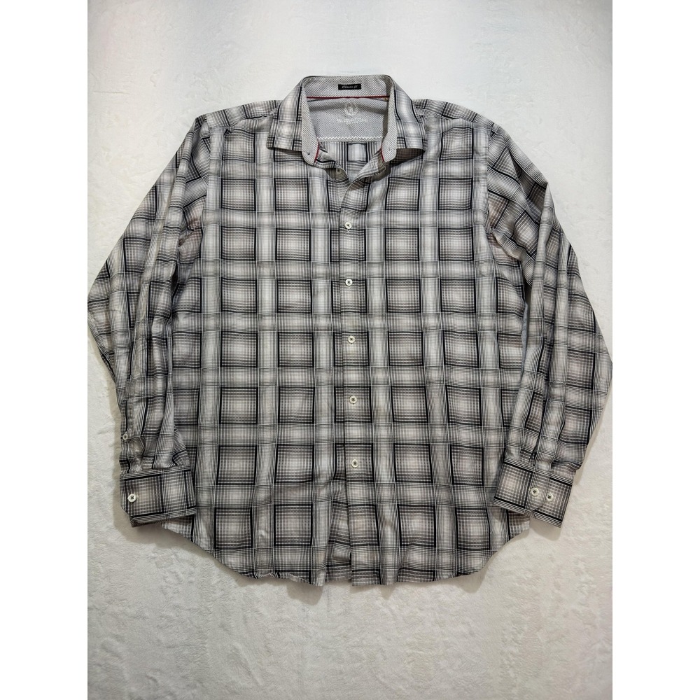 Bugatchi Shirt Mens Large Gray Plaid‎ Long Sleeve Button Up Classic Cotton